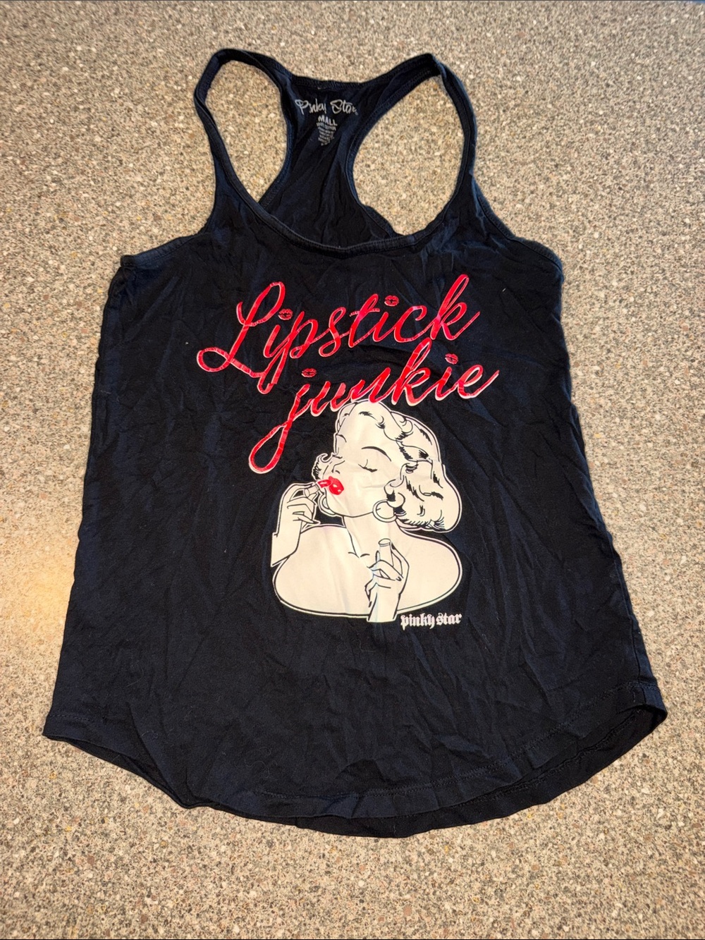 Pinky Star Lipstick Junkie Black Graphic Racerback Tank